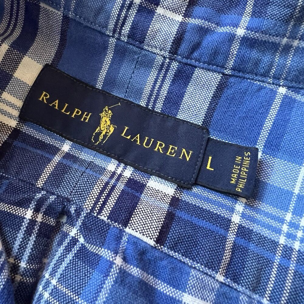 Polo Ralph Lauren Mens L Blue Plaid Pony Button Down Shirt 100% Cotton Preppy